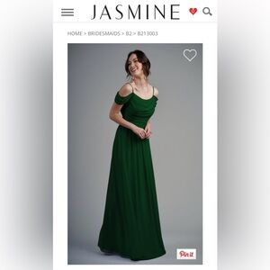 NWOT Jasmine Bridal Hunter green off the shoulder chiffon bridesmaid dress